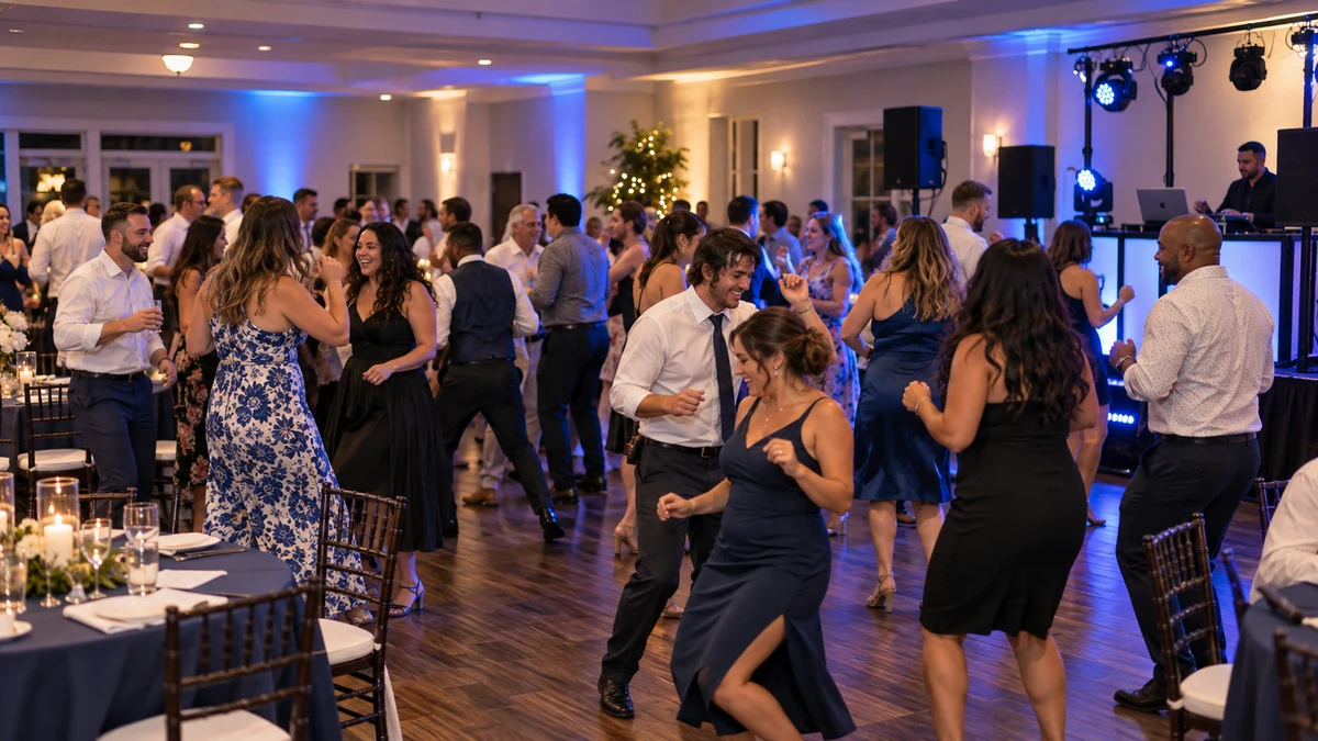 Guests dancing together at a welcoming banquet-hall celebration