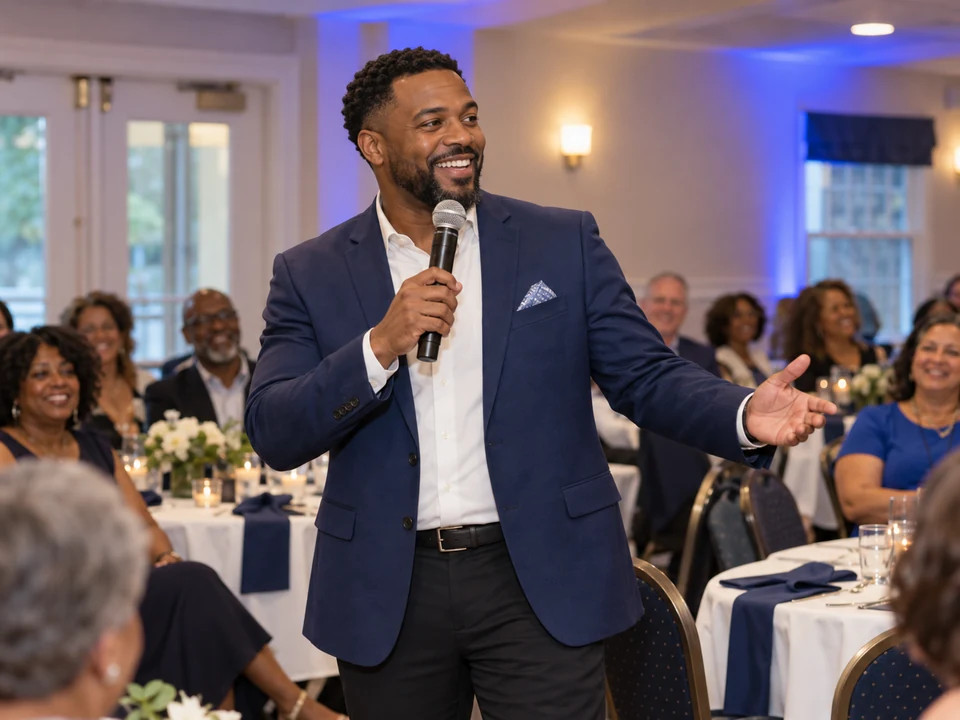 Friendly event host using a microphone in a local banquet hall