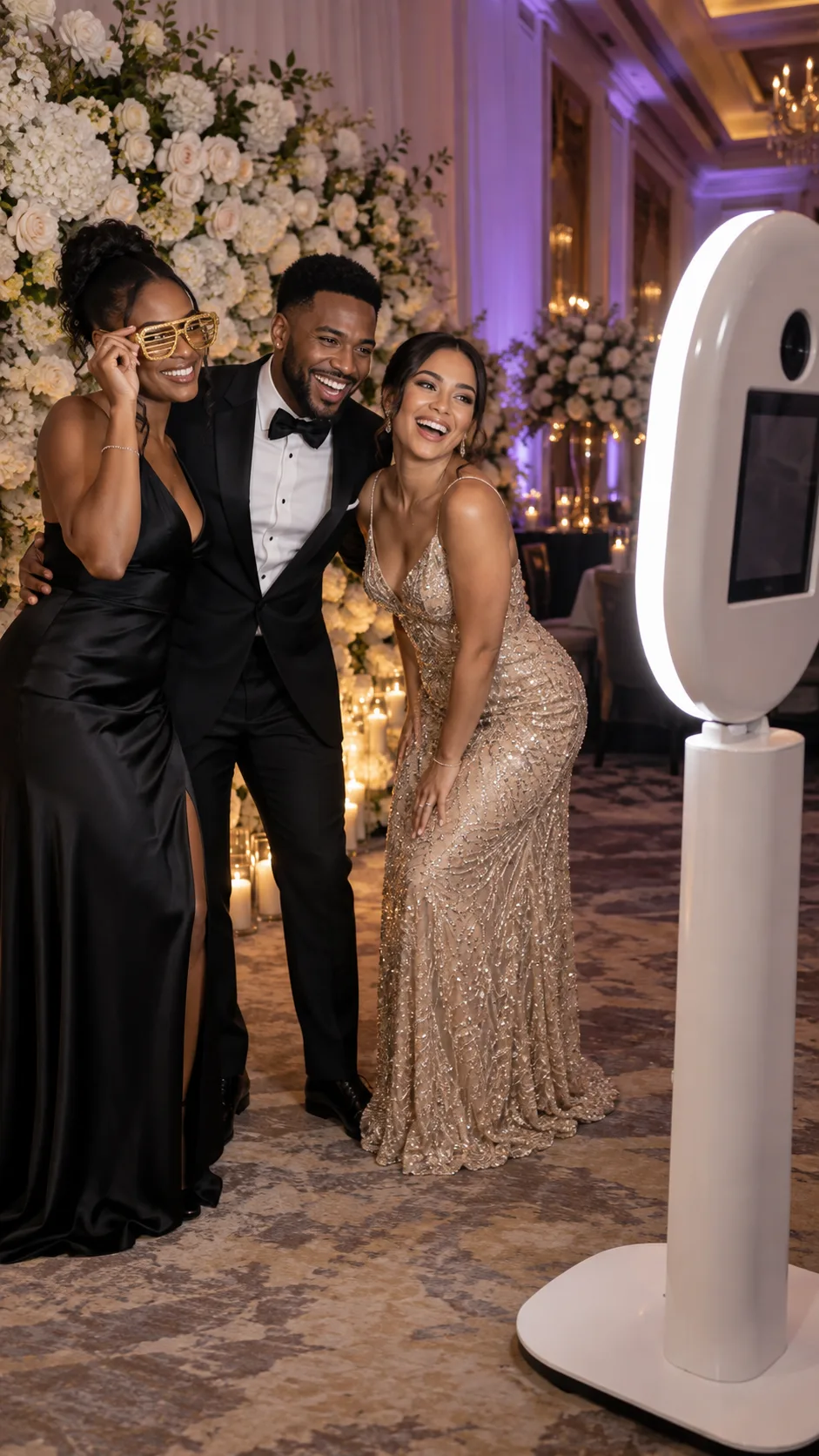 Guests posing together at an open-air photo booth